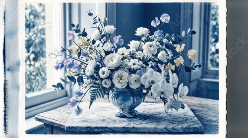 Beautiful Vintage Floral Arrangement in Elegant Blue Vase
