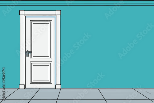 Door stands against a solid blue wall in a simple interior space at daytime with bright light illuminating the area