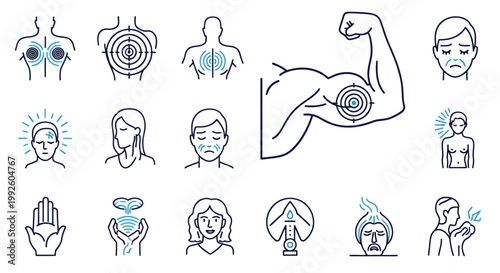 Collection of human anatomy line art figures, facial features, and body part sketches in vector style.