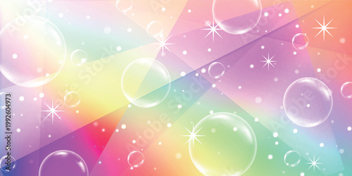 Colorful Abstract Rainbow Background with Soap Bubbles and Sparkling Stars