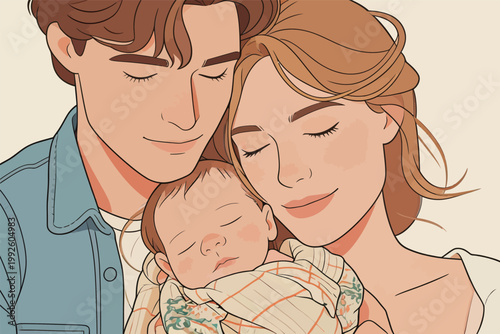 Family of three shares a moment of joy with a newborn in a cozy setting surrounded by warmth and love