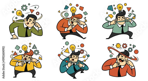 Conceptual business figures with lightbulb brains and gear symbols vector illustration