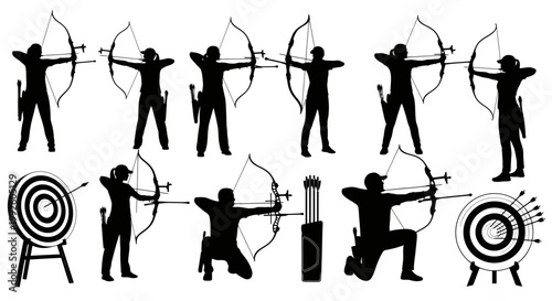 Sequential silhouettes of archers drawing bows at targets in a practice line, showcasing sport and focus.