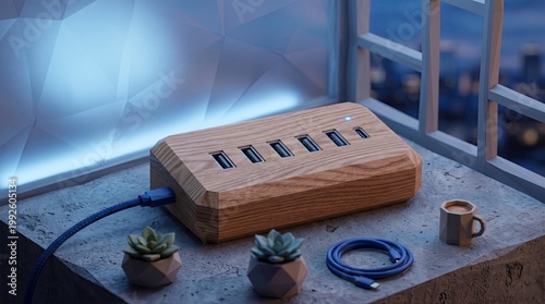 Stylish Wooden USB Hub on a Modern Desk with Plants
