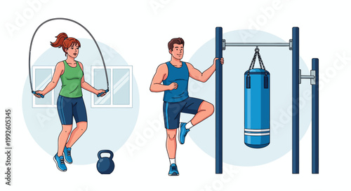 Two athletes train in a bright gym using a punching bag and skipping rope for a dynamic boxing and fitness session.