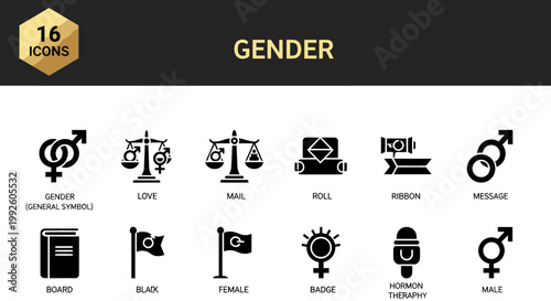 Diverse gender and sexuality symbols icon set with simple black line illustrations.