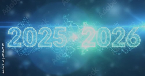 Glowing neon numbers 2025 to 2026.