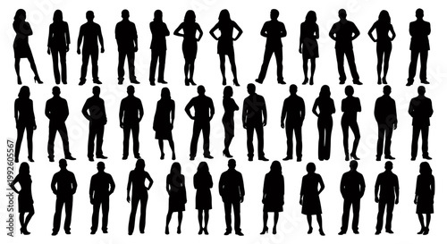 Diverse group of silhouetted people arranged in a line showing different poses and movements.