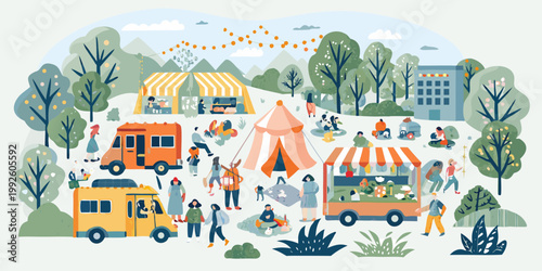 A vibrant outdoor market scene with food stalls and people enjoying the day