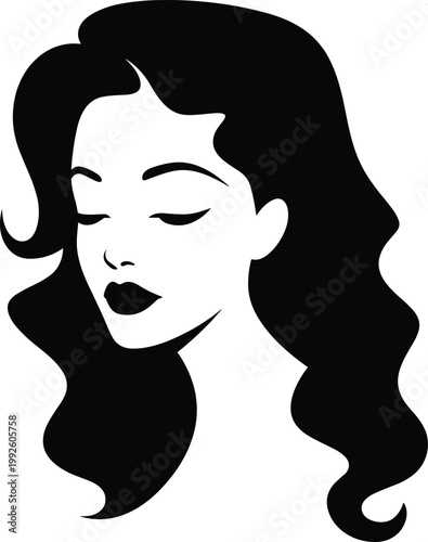 Elegant female face silhouette with wavy hair, minimalist beauty portrait vector illustration