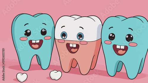 Happy cartoon teeth having fun together in a colorful setting with a pink background while smiling and playing