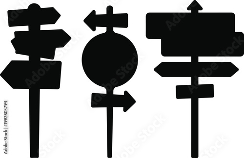 Directional signpost silhouettes set, navigation arrows icons for wayfinding and guidance design
