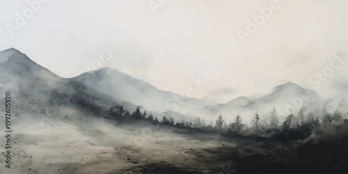 A breathtaking panorama of high mountain peaks and rocky alps enveloped in a misty winter fog under a cloudy nature sky