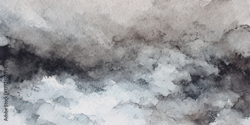 A white texture of fog and blue light descends upon snow on the rocks, road, and mountain under a dark stormy sky where clouds and smoke create an abstract nature pattern