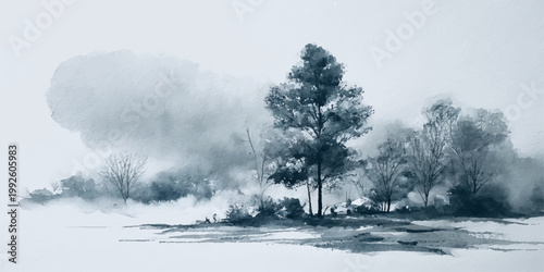 A serene winter landscape featuring snow covered trees in a frozen forest scene where white frost blankets the nature park under a blue sky