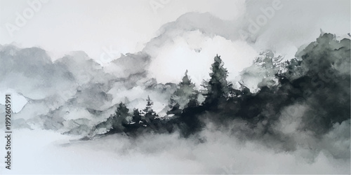 A misty mountain landscape features a cold winter peak shrouded in fog and clouds under a high alpine sky