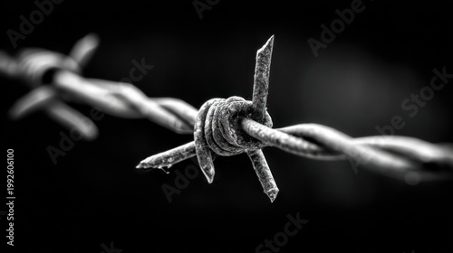 Close up of barbed wire in black and white against dark background