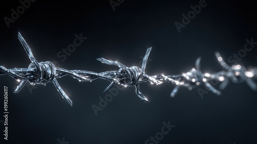 Close up of a barbed wire strand against a dark backdrop