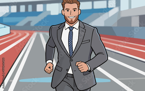 Businessman runs on a track while dressed in a suit for a promotional event at a sports complex
