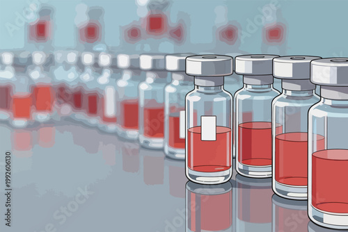 Vials with red liquid line a surface in a laboratory setting during daytime hours