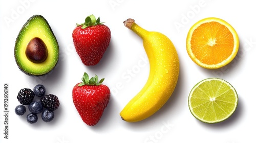 Assortment of fresh fruits displayed on white background with soft lighting