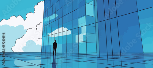 Person stands in front of a large glass building while looking up at the sky during daytime