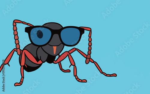 Cartoon ant wearing sunglasses on a bright blue background during daytime