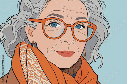 Woman with gray hair and glasses poses warmly with an orange scarf in a simple background