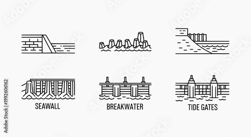 Coastal protection structures including seawall, breakwater, and tide gates are illustrated.