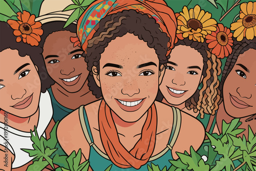 Five friends smile together in a garden surrounded by green plants and bright flowers during a sunny day