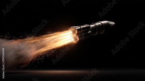 Conceptual rocket blasting off with fiery exhaust against a black background