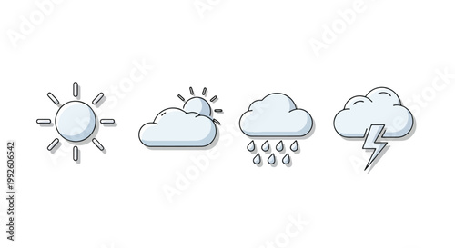 Set of Weather Icons with Sun, Clouds, Rain, and Lightning Bolt in Simple Line Style