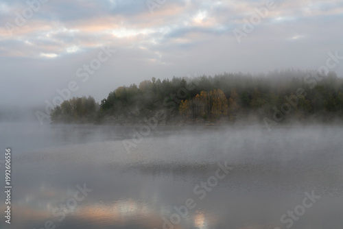 Ladoga Skerries National Park near the village of Lumivaara on an early foggy autumn morning, Republic of Karelia, Russia