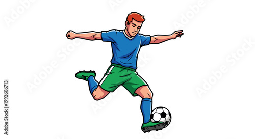 Energetic male athlete in blue jersey and green shorts powerfully kicking a soccer ball during a dynamic sports game