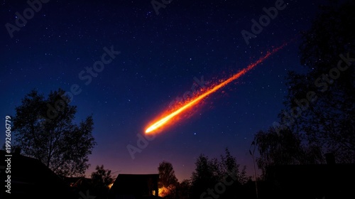 Fiery meteor streaking across the night sky with star filled backdrop