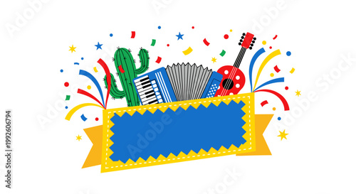 Festive celebration with mexican music elements cactus accordion guitar and confetti on a banner for fiesta events