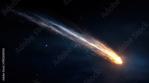 Cosmic comet streaking across dark space with fiery tail and light trails