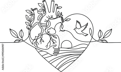 Heart shaped line art of lungs with leaves and bird in flight