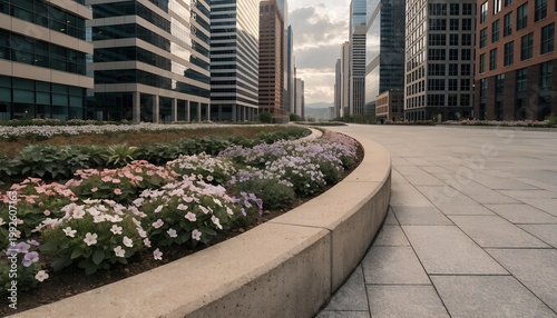 A vibrant cityscape with a beautifully landscaped garden and modern skyscrapers in the background.