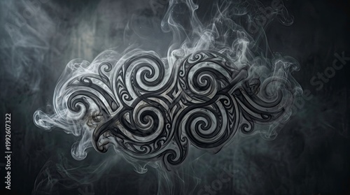 Intricate Tribal Design with Smoke Effects in Dark Background