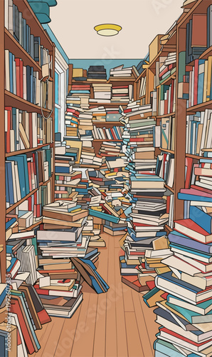 Books stacked in a narrow hallway of a library with cluttered shelves and scattered items on the floor during daylight hours