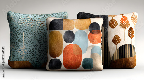 Colorful pillows add a vibrant touch of luxury and comfortable design to a modern sofa or bed, perfect for elegant home interior decoration and hotel room decor