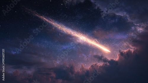 Dramatic celestial event illustration of a bright meteor streaking across the night sky