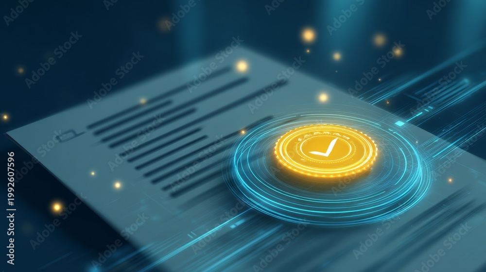 Fototapeta premium Digital Token with Check Mark on Document