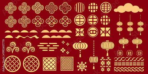 Golden chinese traditional patterns and elements on a red background