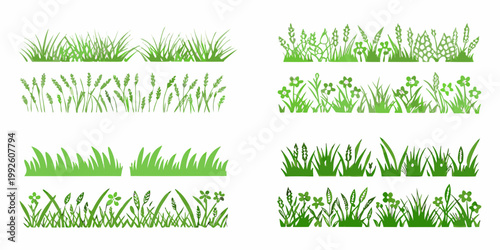 Various arrangements of illustrated green grass flowers and wheat stalks