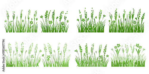 Four arrangements of lush green grass and lavender floral elements