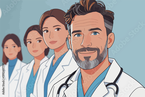 Group of medical professionals working together in a clinic setting during the day