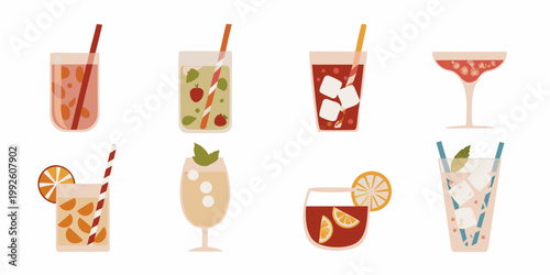 Colorful assortment of refreshing summer drinks in various glasses