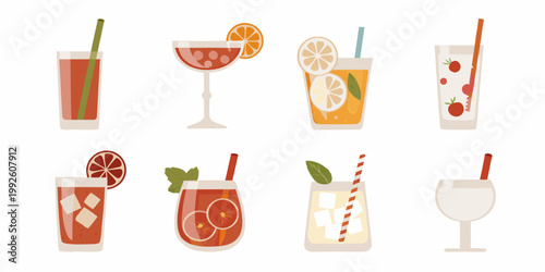Collection of colorful summer cocktails and beverages in various glasses